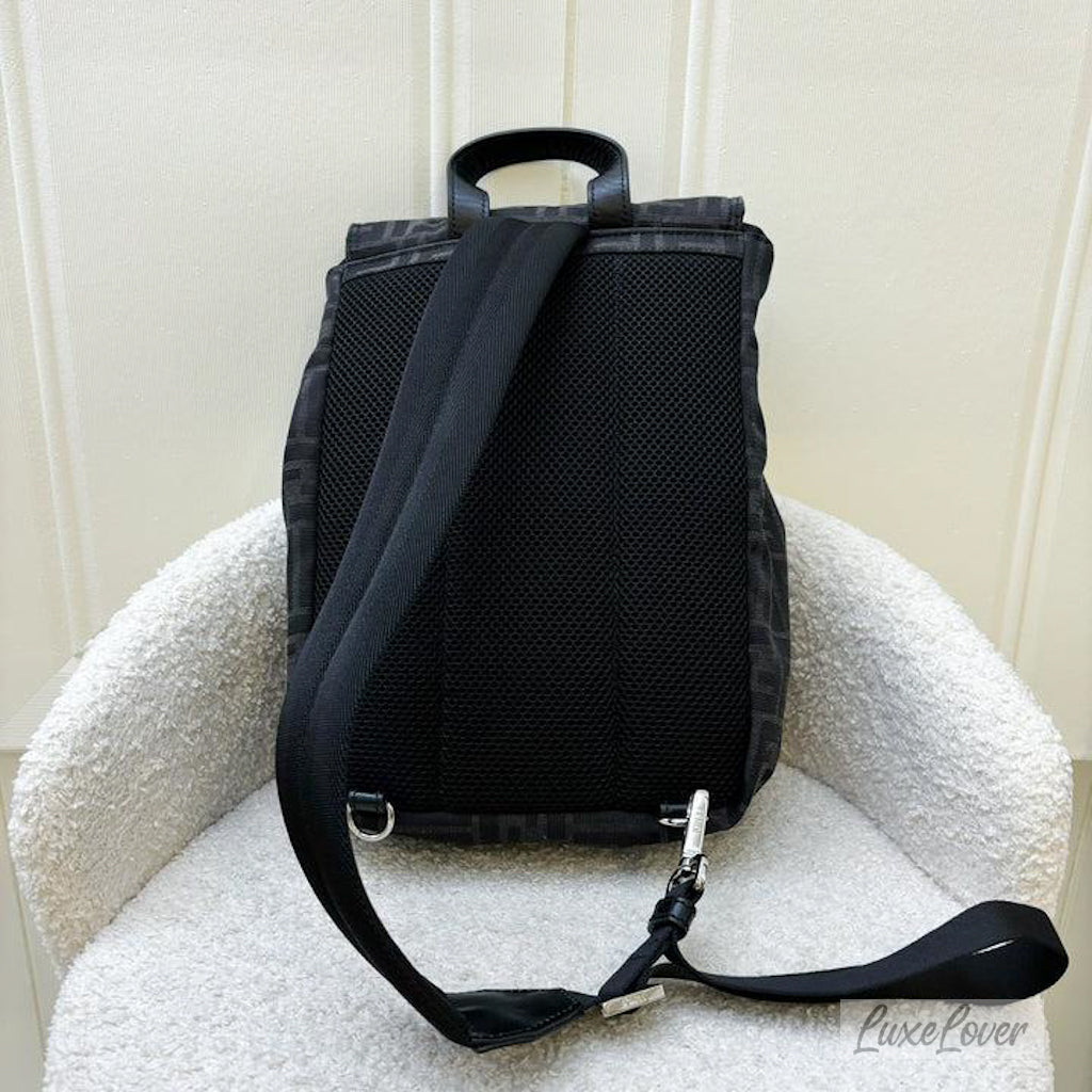 Fendi Fendiness Medium Backpack with Buckle in FF Jacquard Fabric, Black Calf Leather Trim and SHW