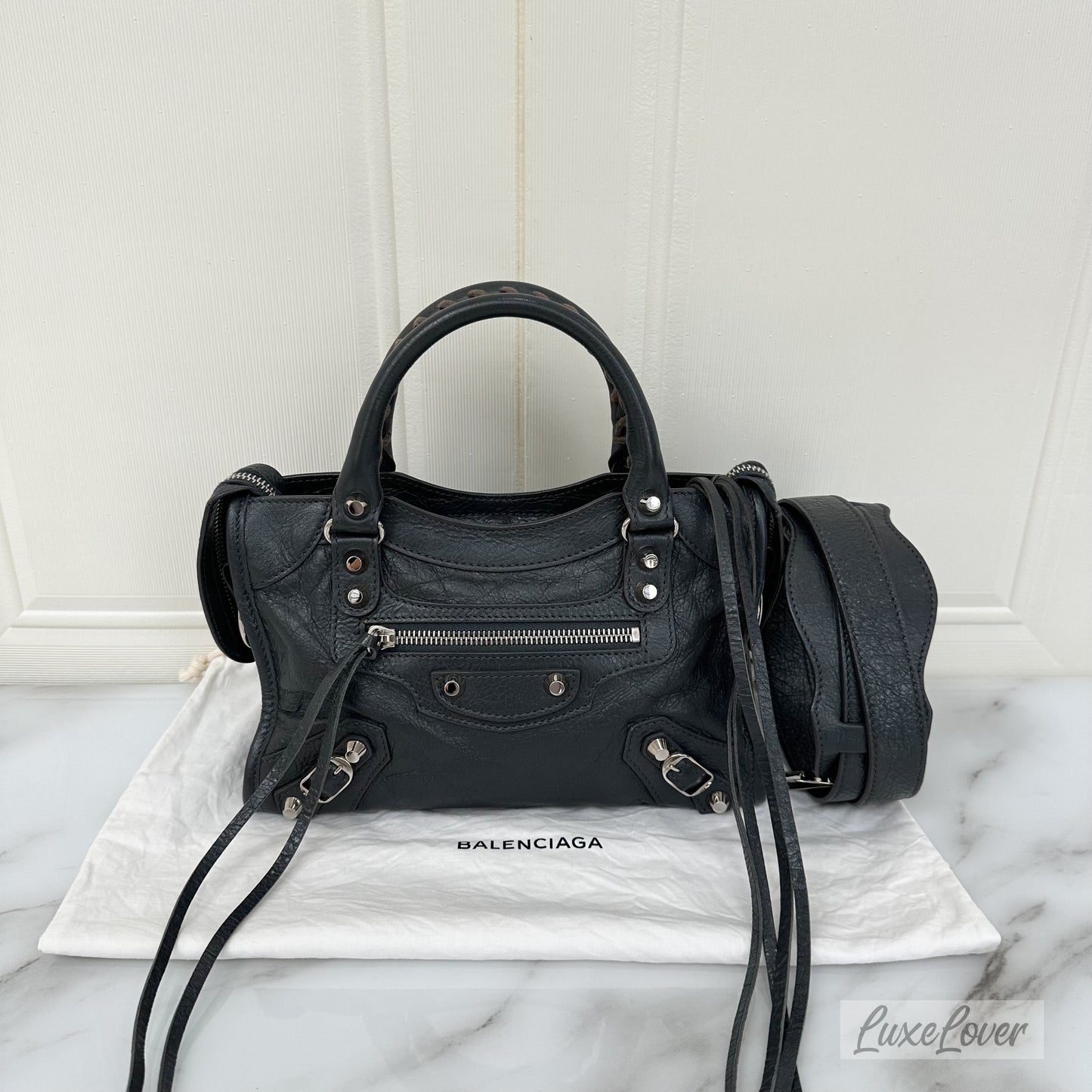 Balenciga Nano / Mini City Bag in Grey Distressed Leather and SHW