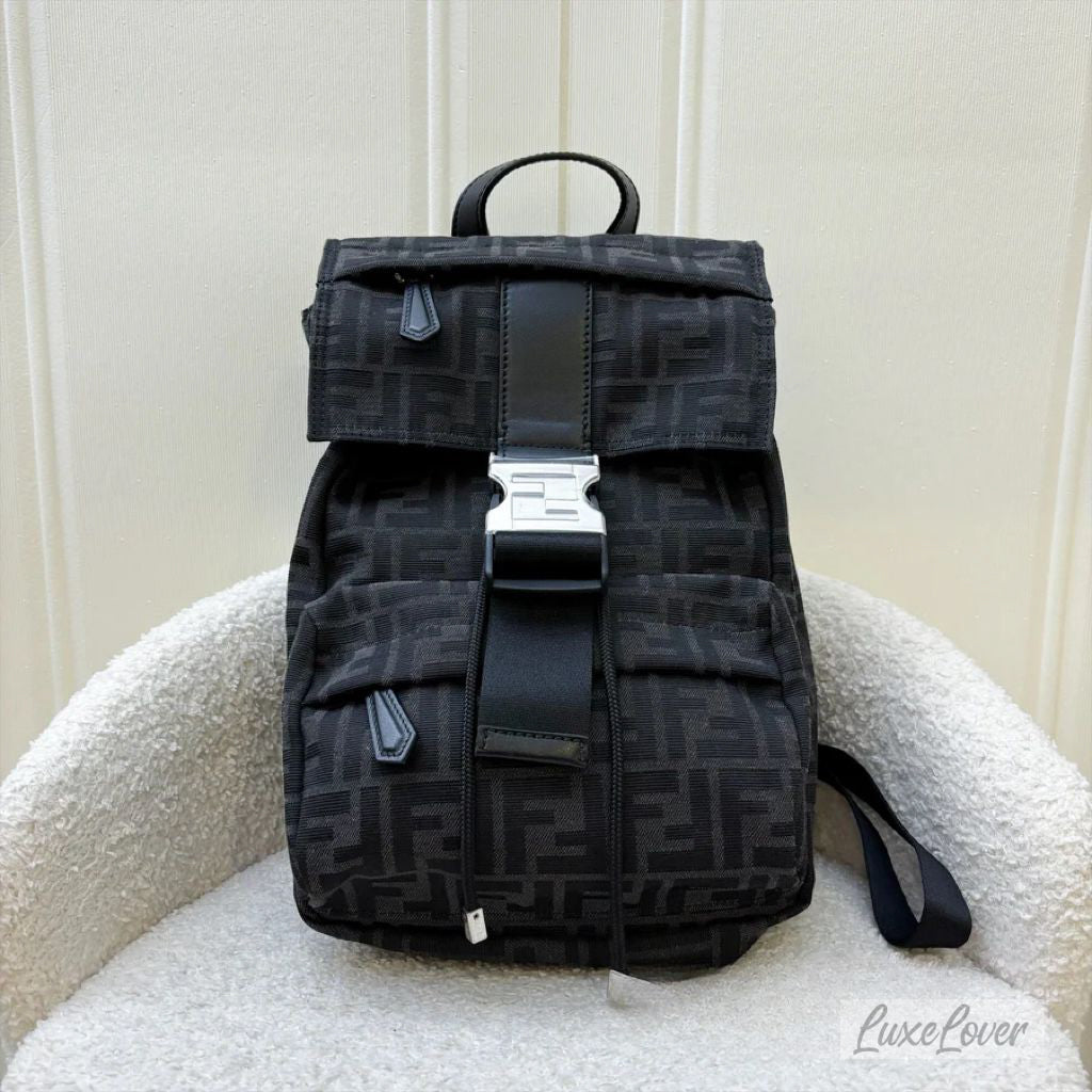 Fendi Fendiness Medium Backpack with Buckle in FF Jacquard Fabric Black Calf Leather Trim and SHW