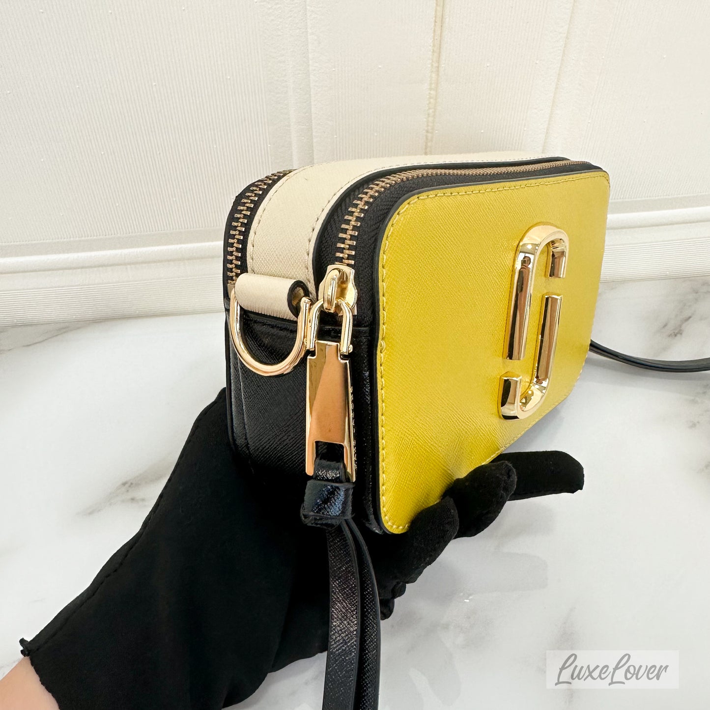 Marc Jacob The Snapshot Crossbody Bag in Yellow & Cream Saffiano Leather and GHW with Canvas Strap