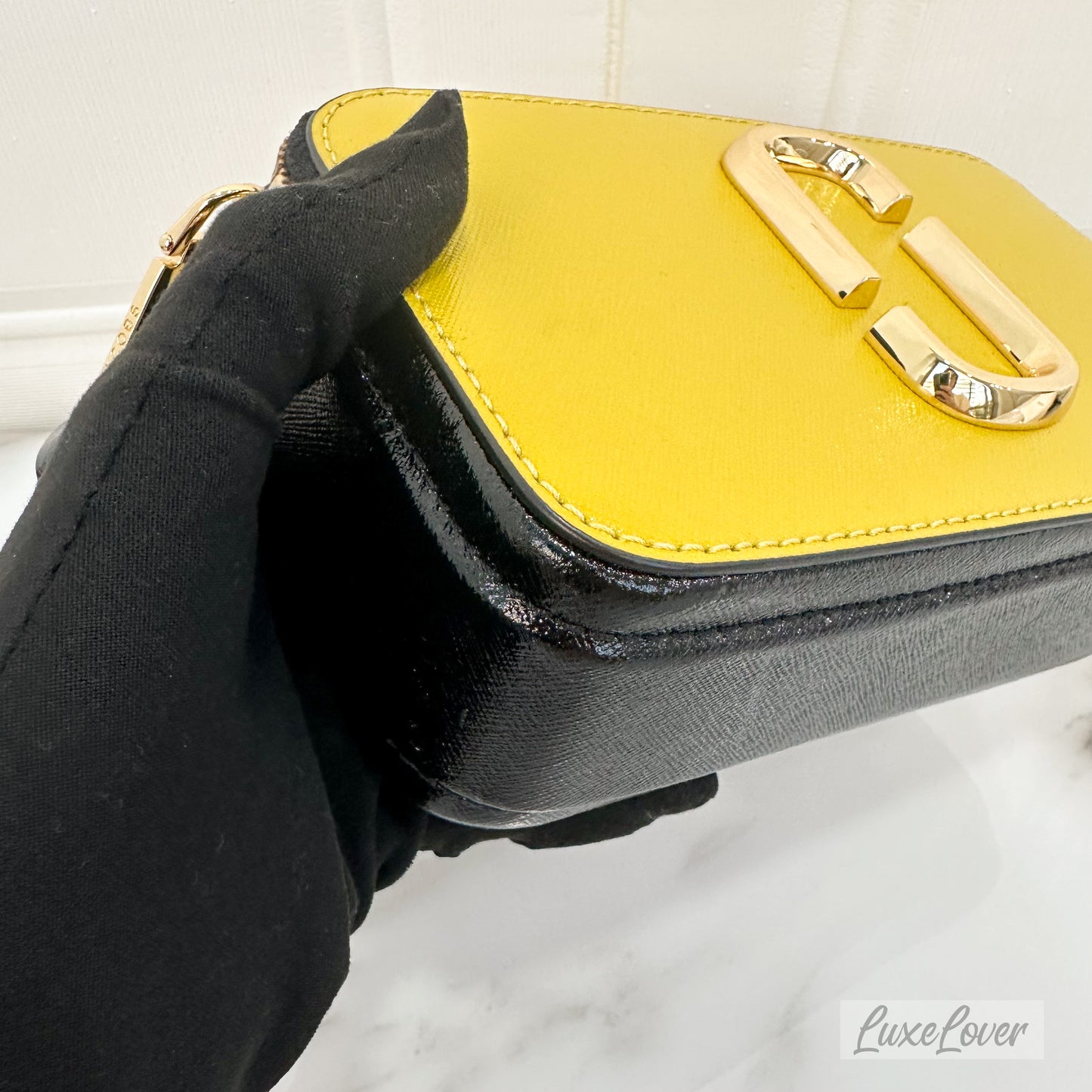 Marc Jacob The Snapshot Crossbody Bag in Yellow & Cream Saffiano Leather and GHW with Canvas Strap