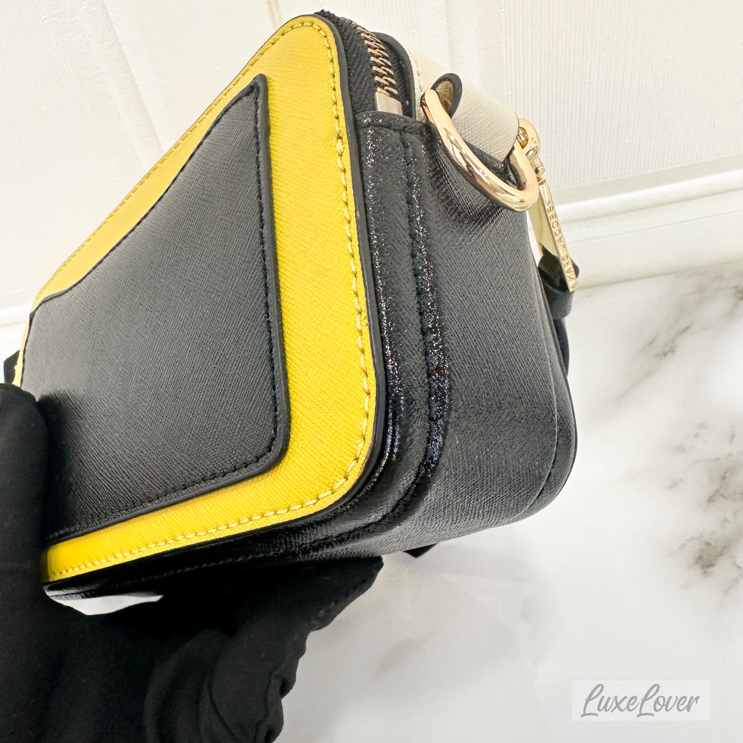 Marc Jacob The Snapshot Crossbody Bag in Yellow & Cream Saffiano Leather and GHW with Canvas Strap