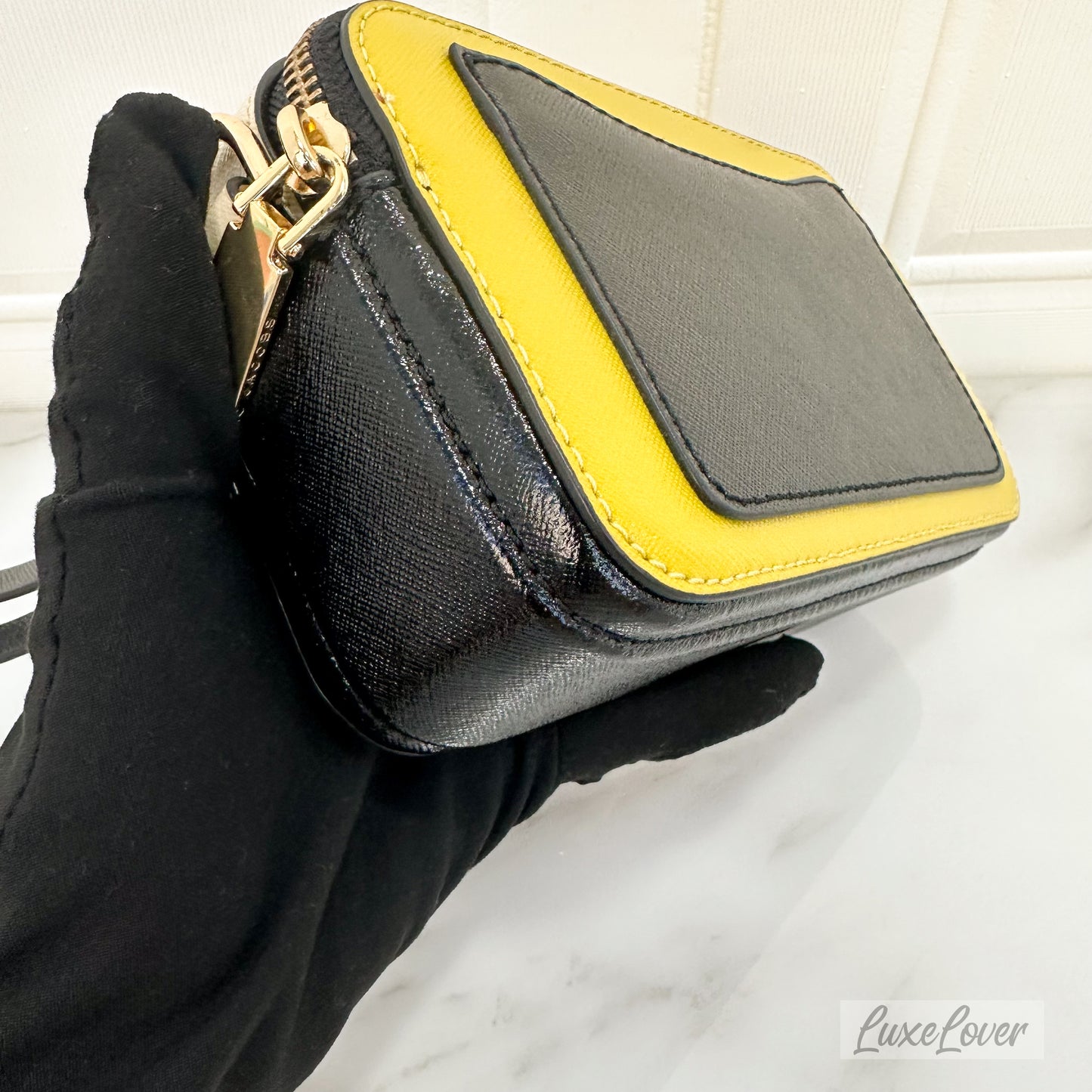 Marc Jacob The Snapshot Crossbody Bag in Yellow & Cream Saffiano Leather and GHW with Canvas Strap