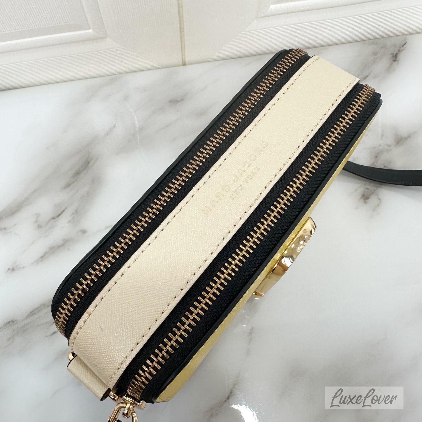 Marc Jacob The Snapshot Crossbody Bag in Yellow & Cream Saffiano Leather and GHW with Canvas Strap