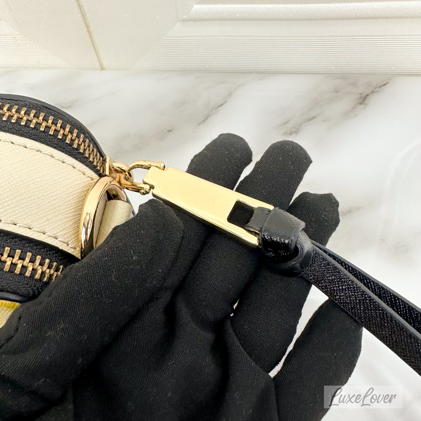 Marc Jacob The Snapshot Crossbody Bag in Yellow & Cream Saffiano Leather and GHW with Canvas Strap