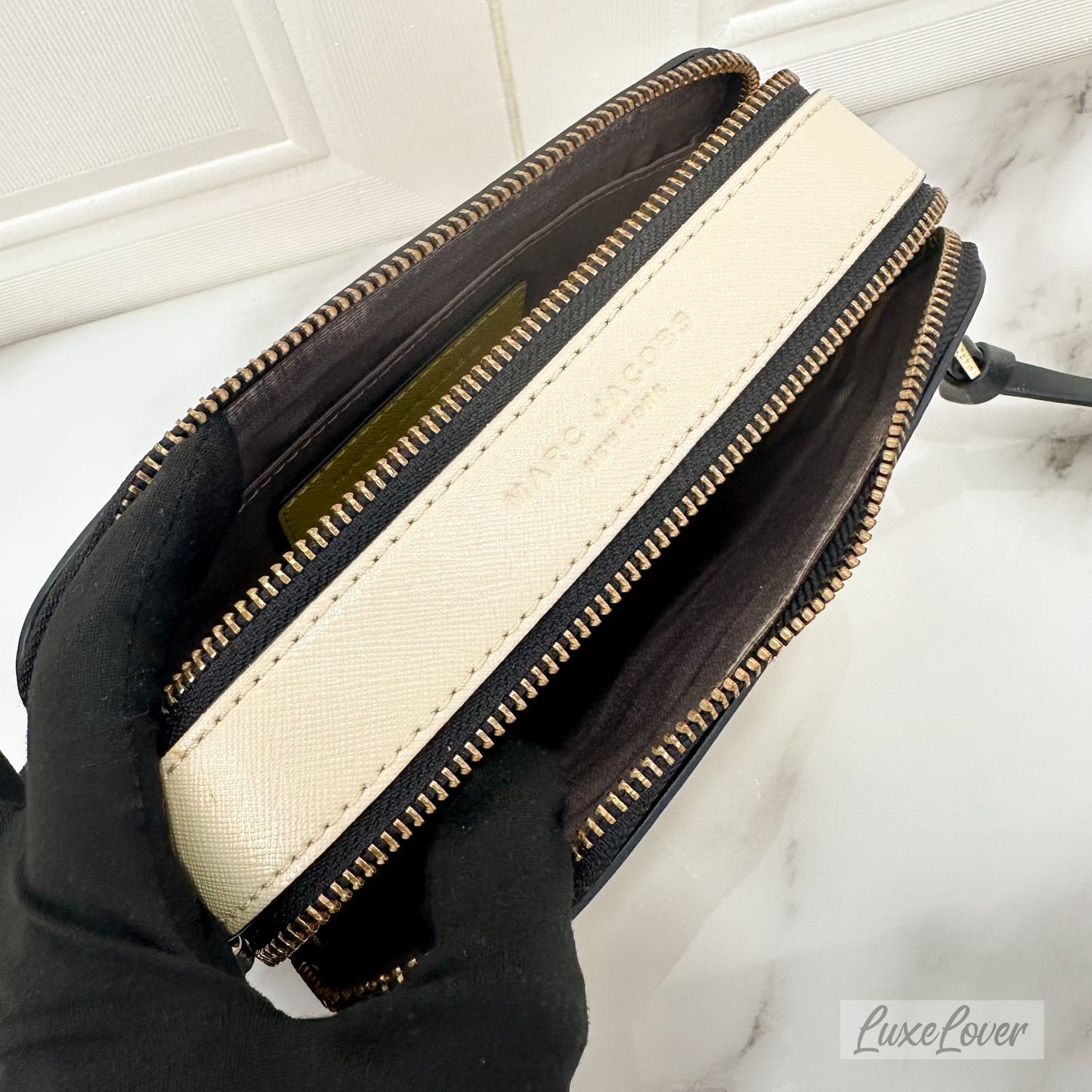 Marc Jacob The Snapshot Crossbody Bag in Yellow & Cream Saffiano Leather and GHW with Canvas Strap