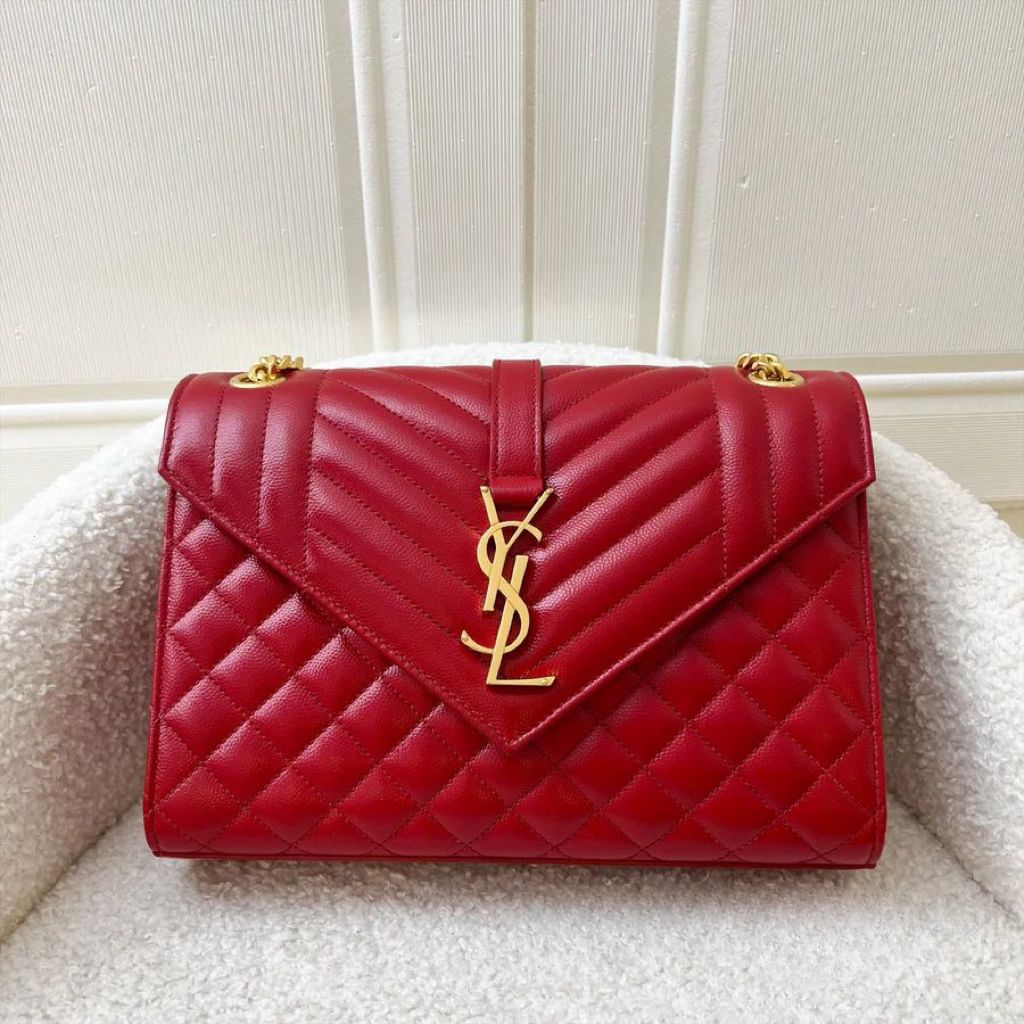 Saint Laurent YSL Medium Envelope Bag in Red Grained Leather and GHW LuxeLover