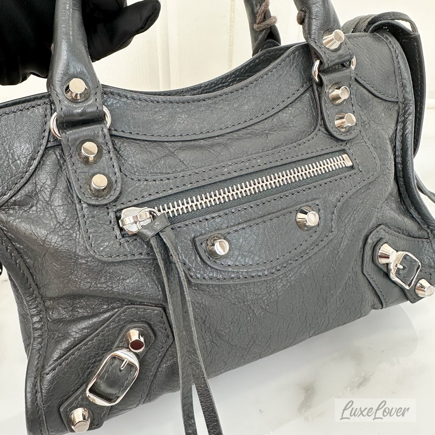 Balenciga Nano / Mini City Bag in Grey Distressed Leather and SHW