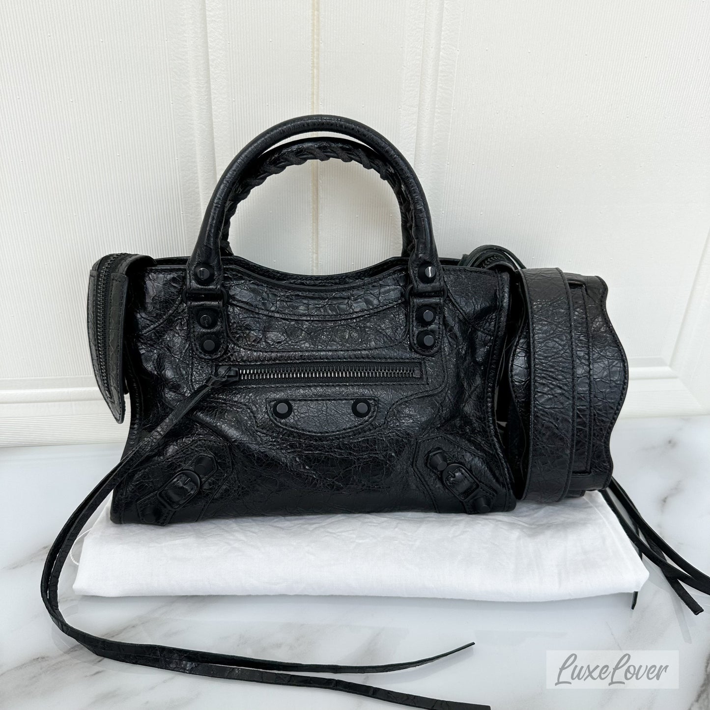 Balenciga Nano / Mini City Bag in Black Distressed Leather and BHW