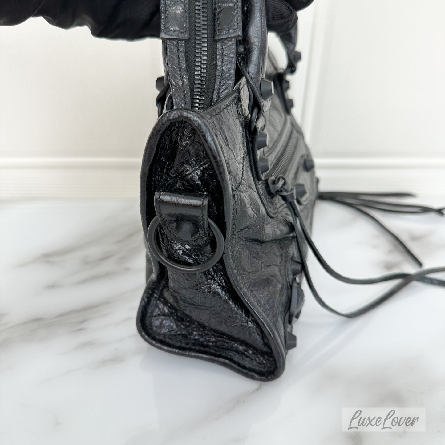 Balenciga Nano / Mini City Bag in Black Distressed Leather and BHW