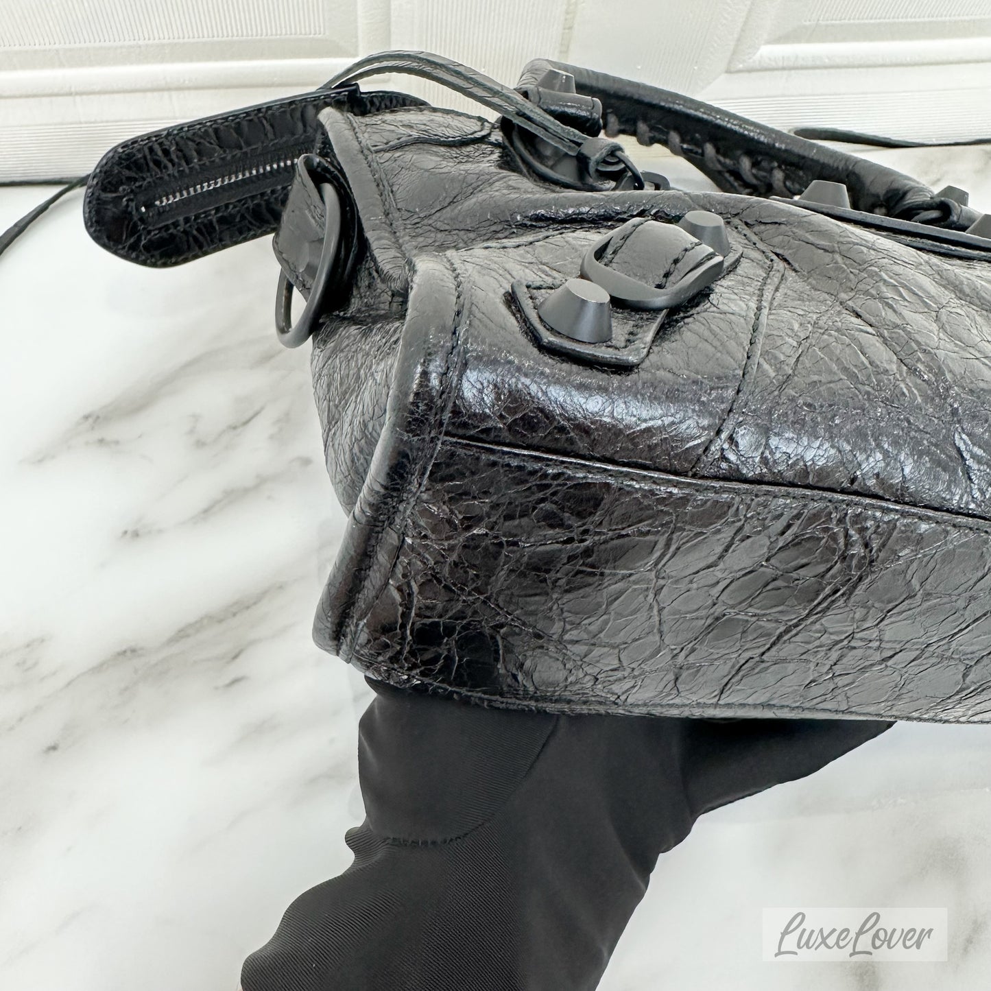Balenciga Nano / Mini City Bag in Black Distressed Leather and BHW
