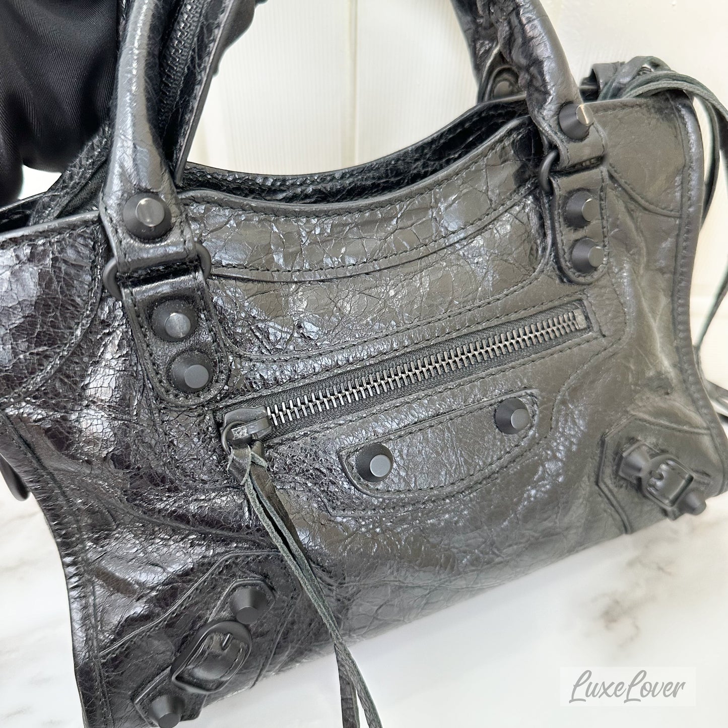 Balenciga Nano / Mini City Bag in Black Distressed Leather and BHW