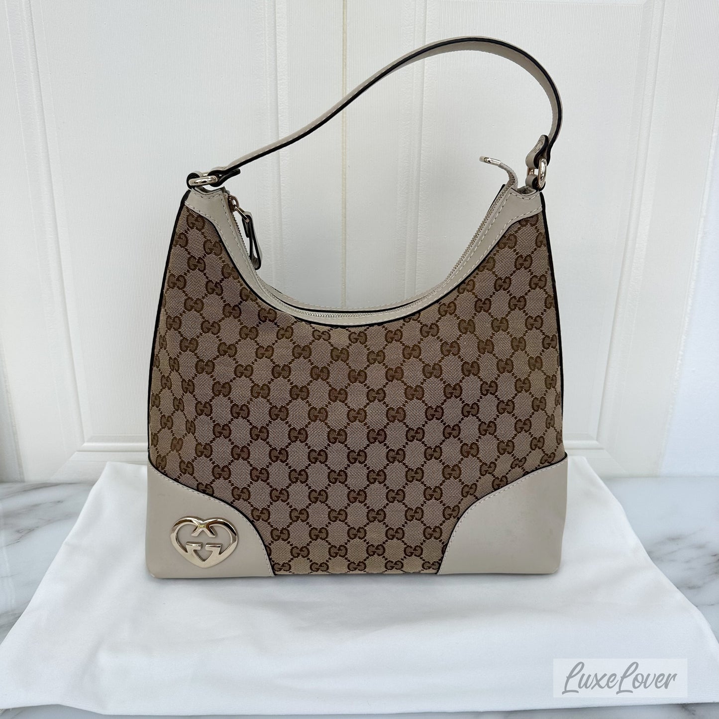 Gucci Large Shoulder Bag in GG Canvas with Beige Leather Trim and LGHW