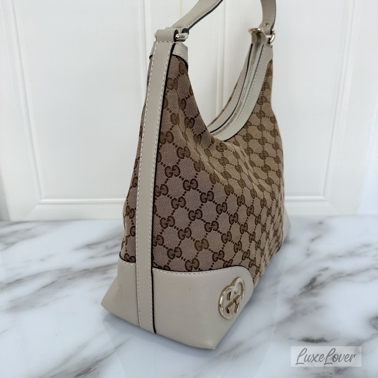 Gucci Large Shoulder Bag in GG Canvas with Beige Leather Trim and LGHW