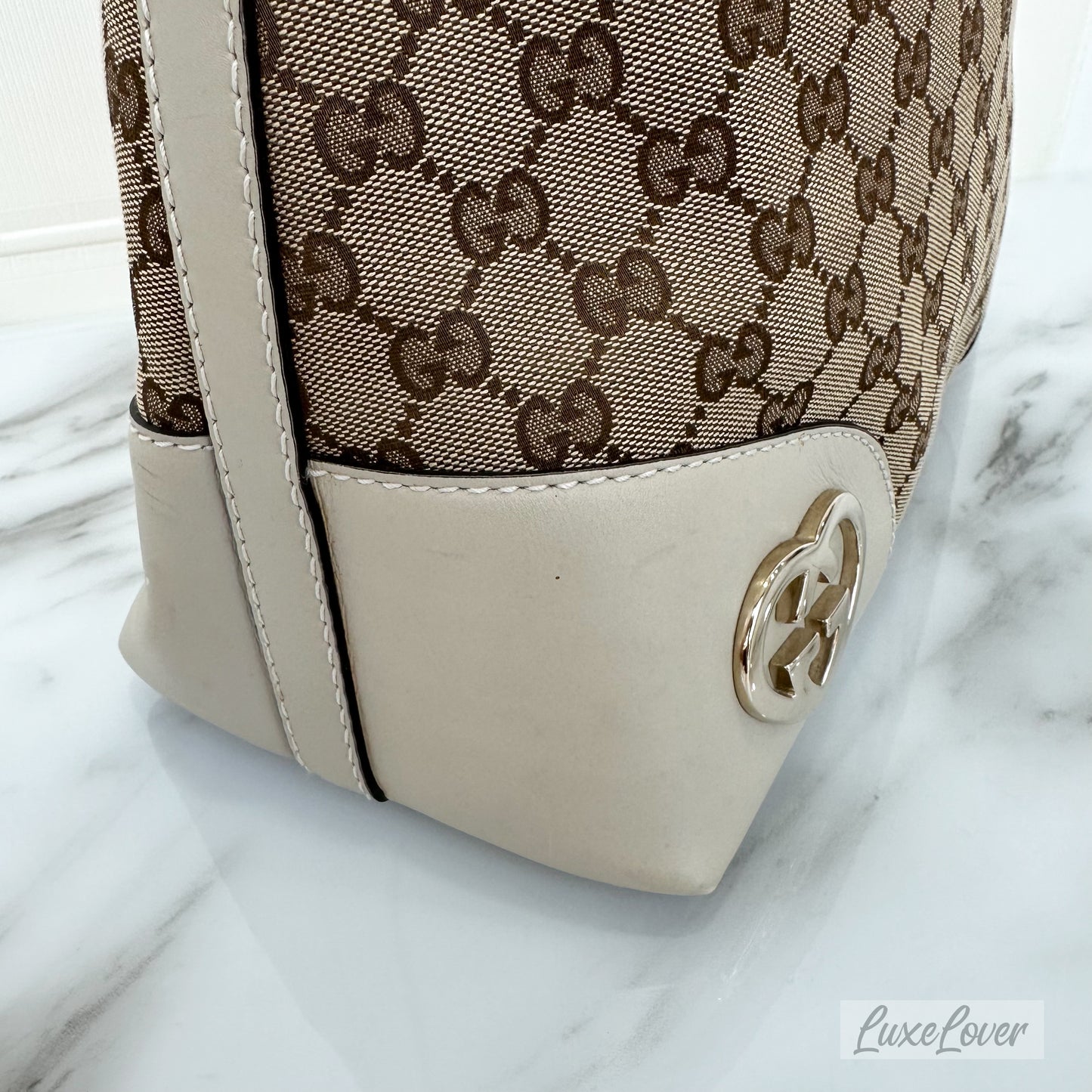 Gucci Large Shoulder Bag in GG Canvas with Beige Leather Trim and LGHW