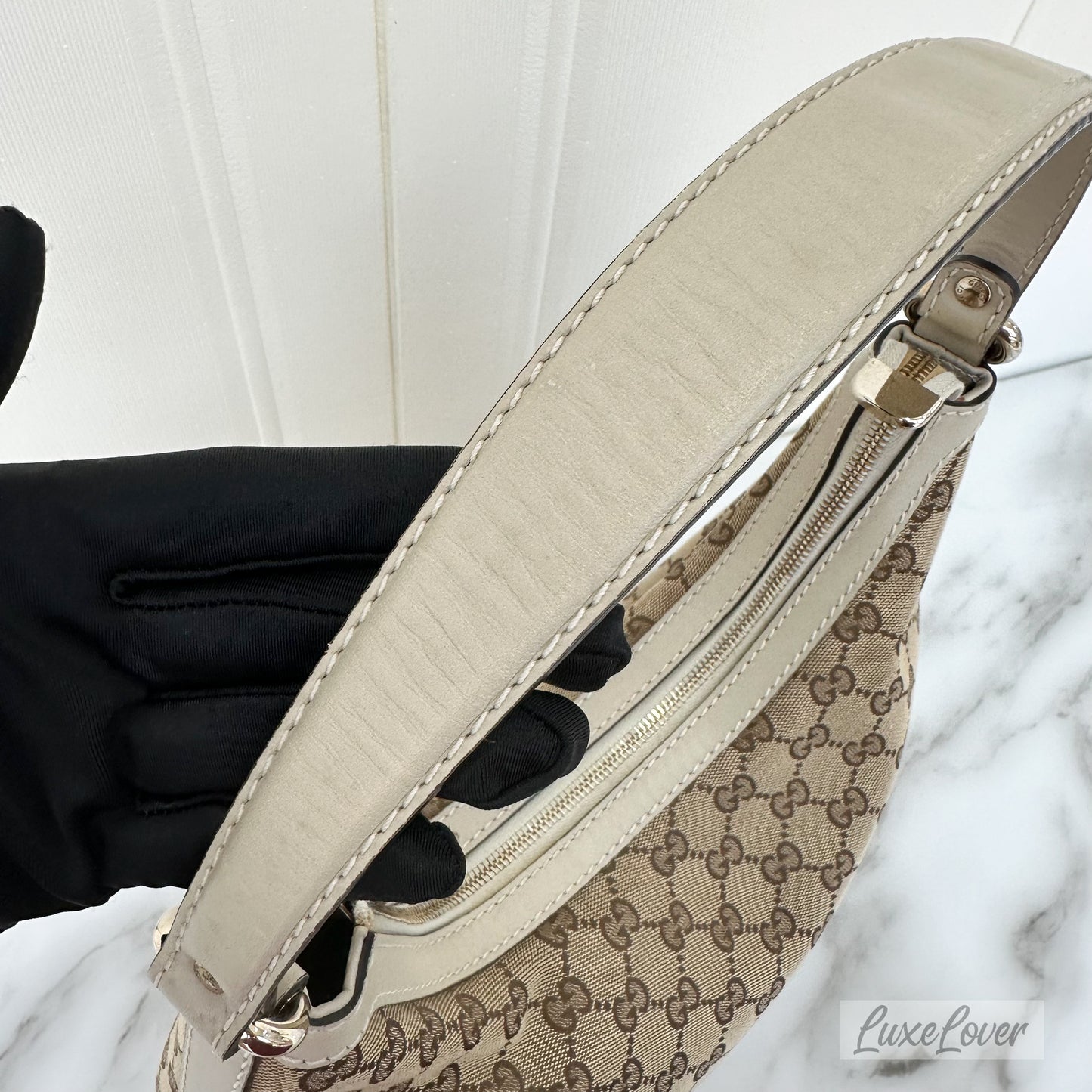 Gucci Large Shoulder Bag in GG Canvas with Beige Leather Trim and LGHW