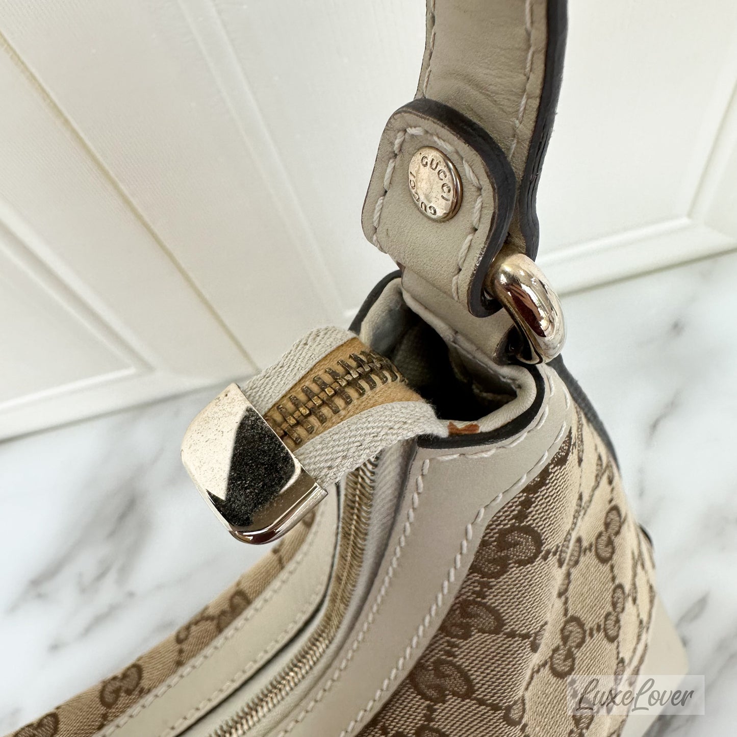 Gucci Large Shoulder Bag in GG Canvas with Beige Leather Trim and LGHW