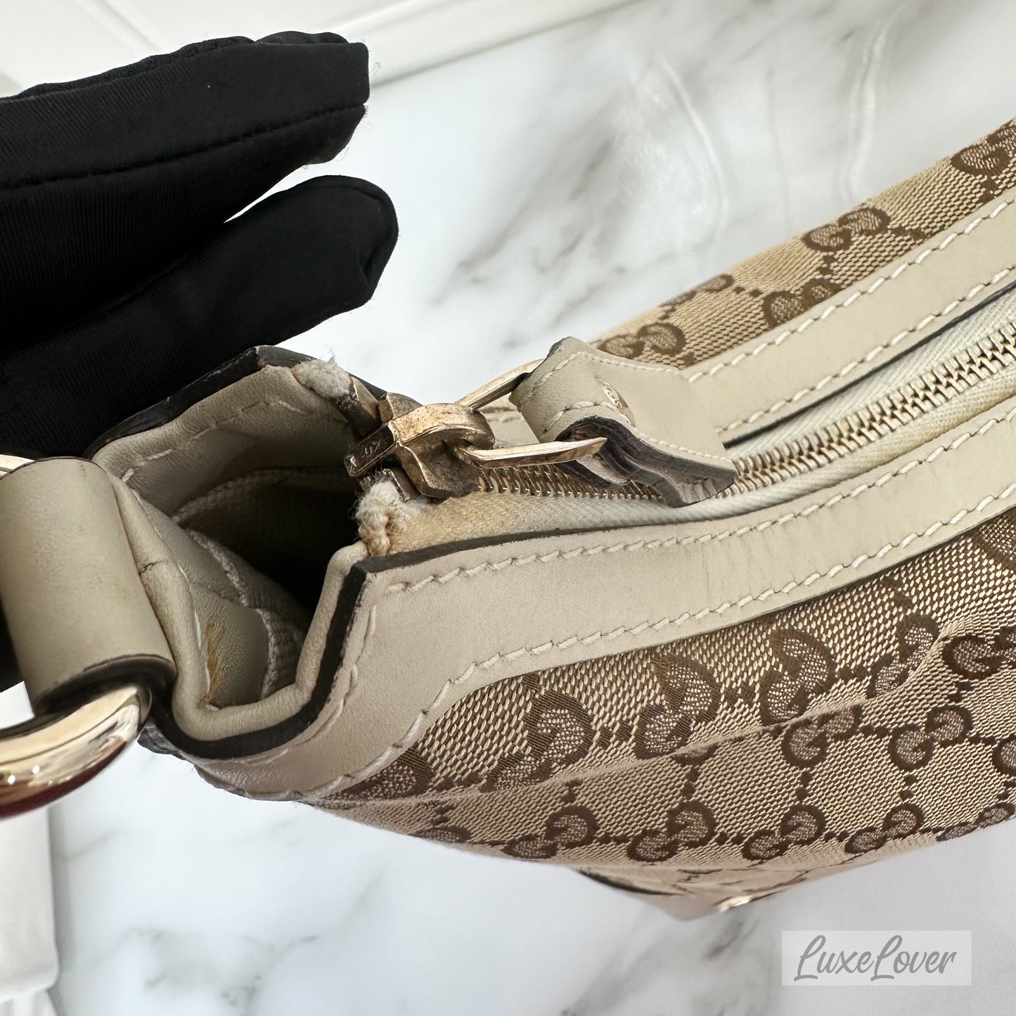 Gucci Large Shoulder Bag in GG Canvas with Beige Leather Trim and LGHW