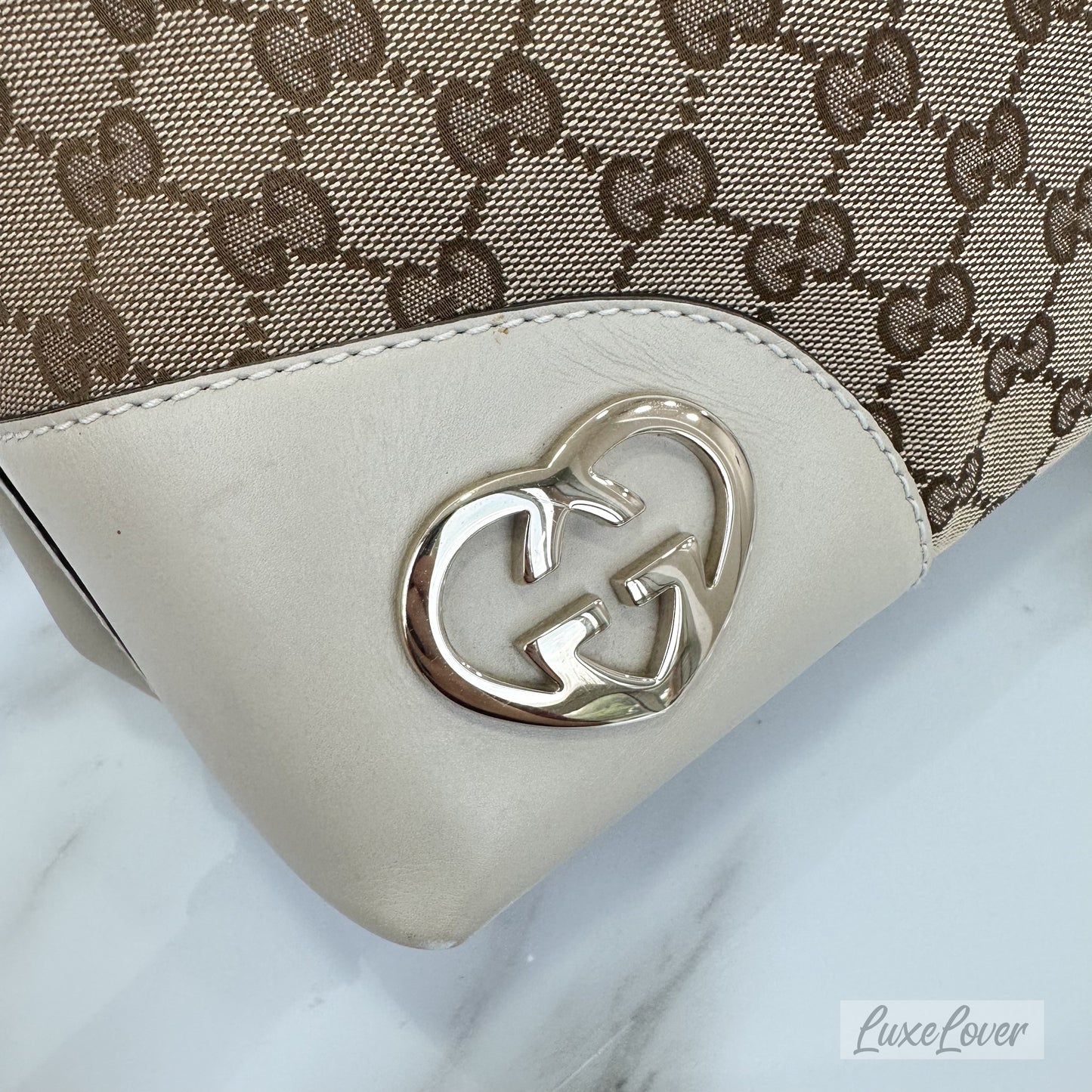 Gucci Large Shoulder Bag in GG Canvas with Beige Leather Trim and LGHW