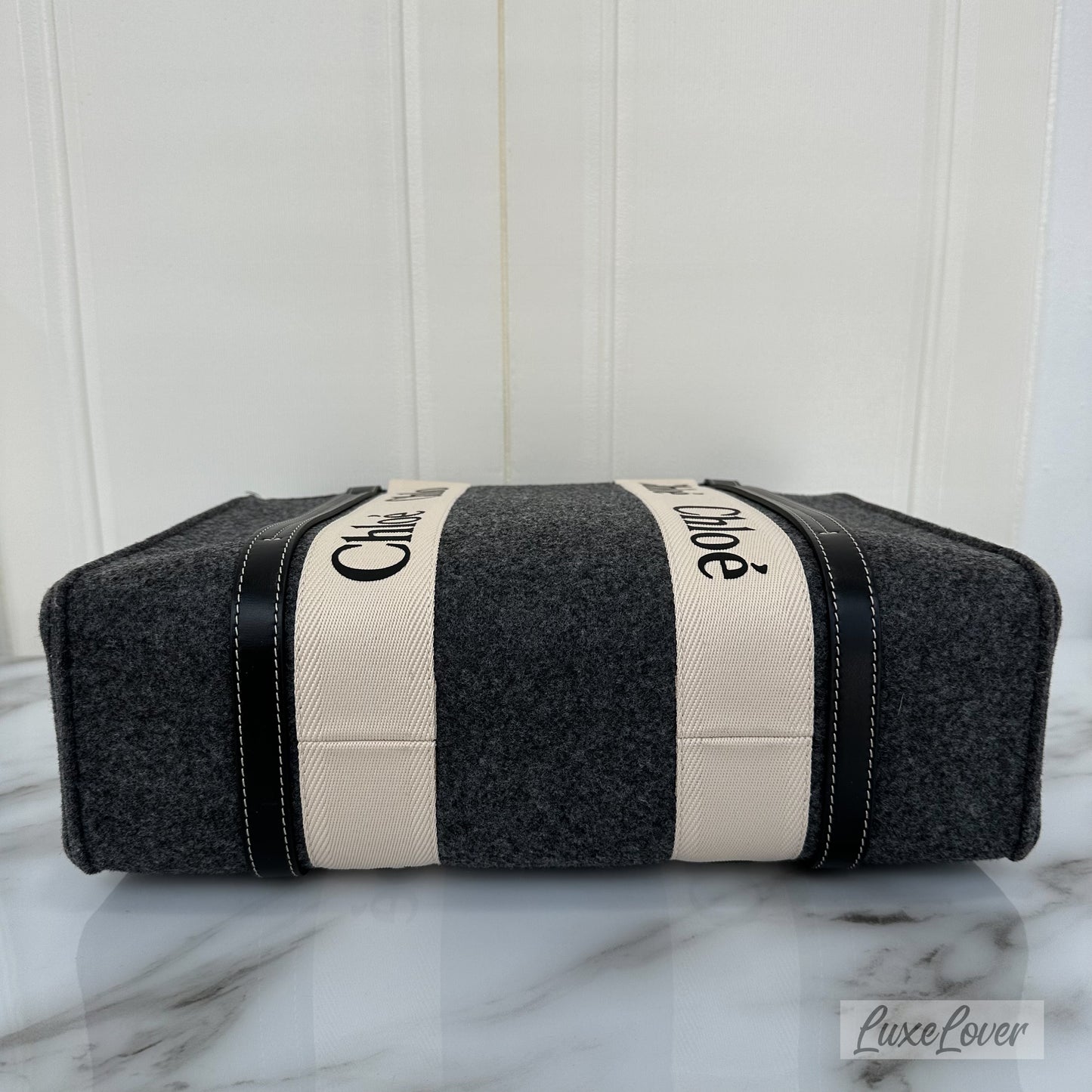 Chloe Woody Medium Tote Bag in Cashmere Grey Felt Fabric and Black Leather Trim