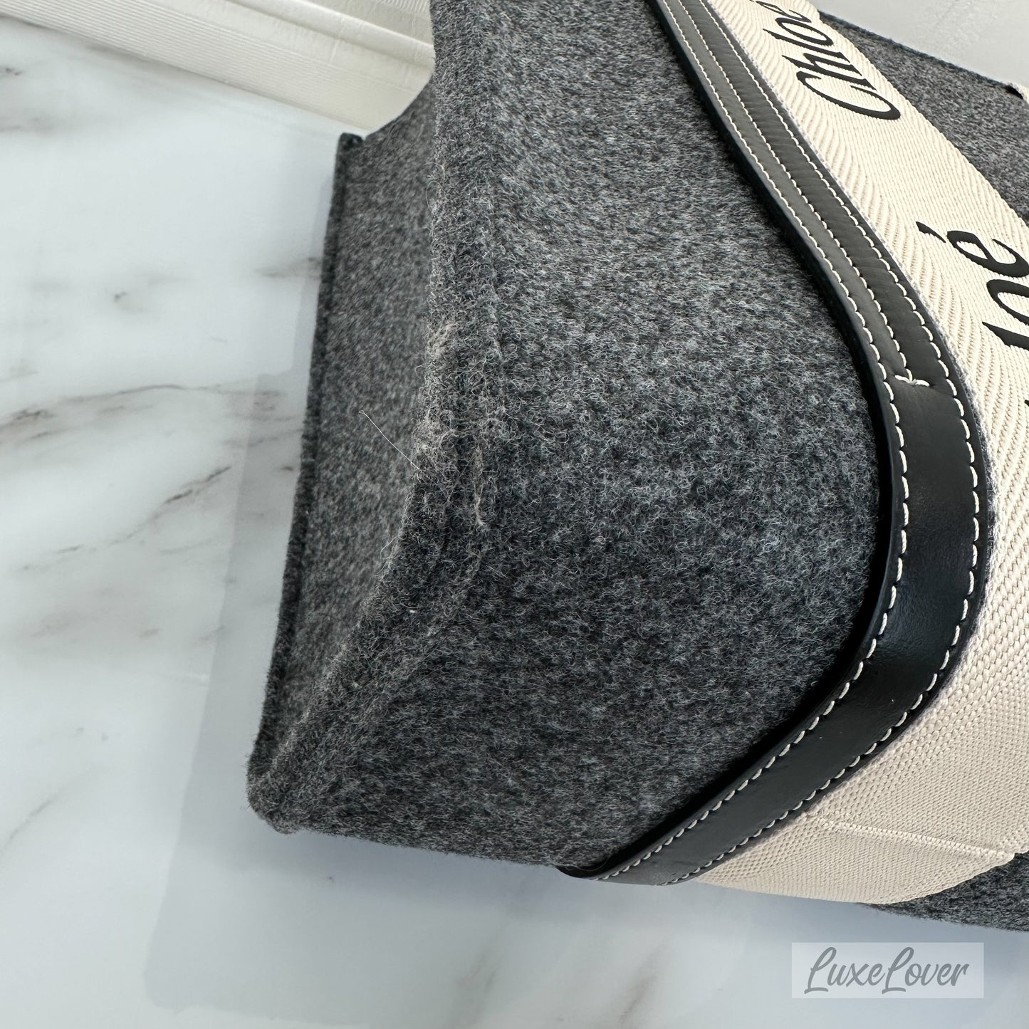 Chloe Woody Medium Tote Bag in Cashmere Grey Felt Fabric and Black Leather Trim