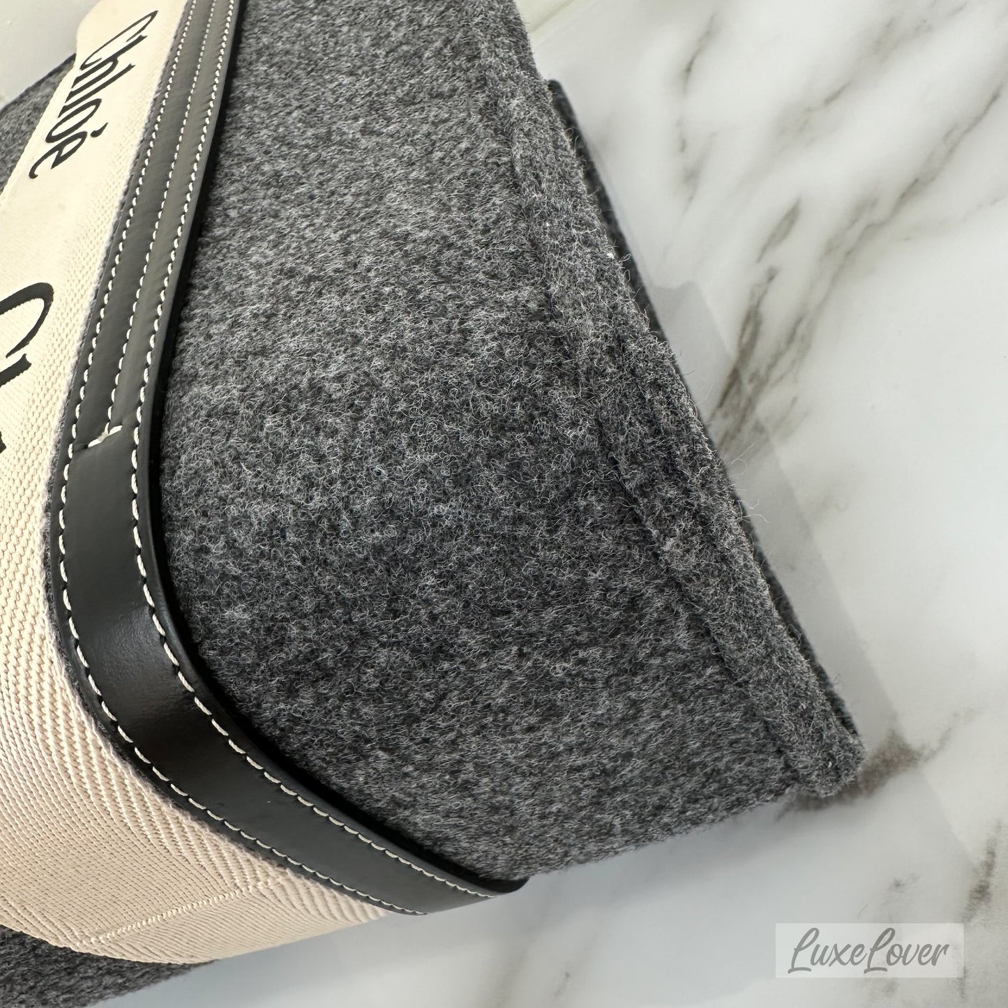 Chloe Woody Medium Tote Bag in Cashmere Grey Felt Fabric and Black Leather Trim