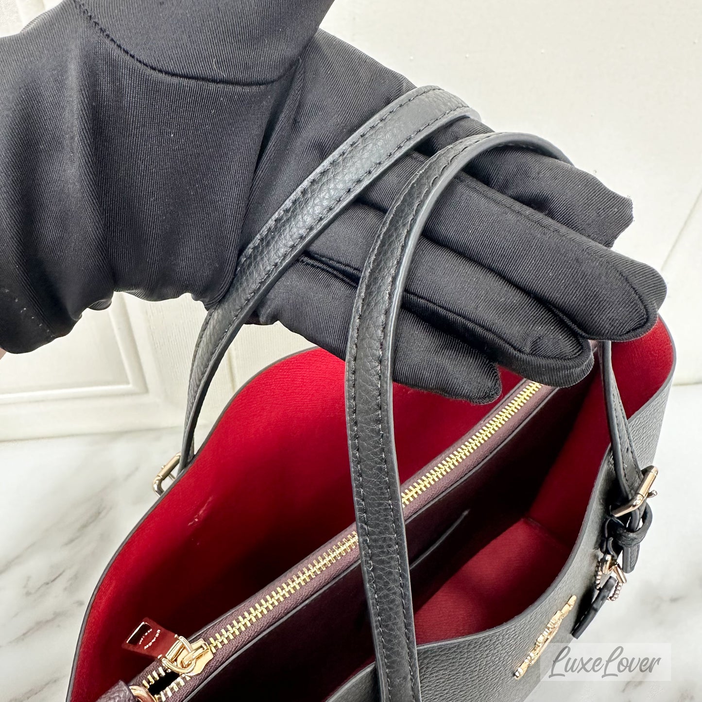 Coach Mollie Tote 25 with Strap in Black Grained Leather and GHW