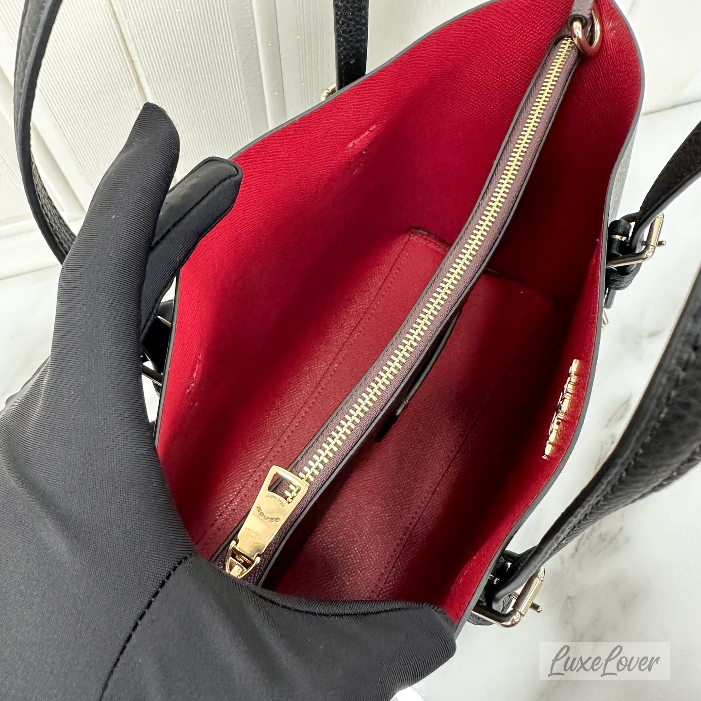 Coach Mollie Tote 25 with Strap in Black Grained Leather and GHW