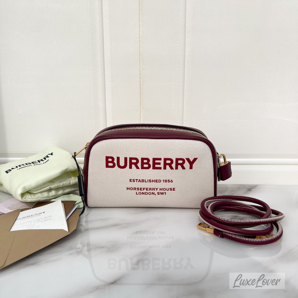 Burberry Horseferry Half Cube Bag in White Canvas, Burgundy Leather and GHW