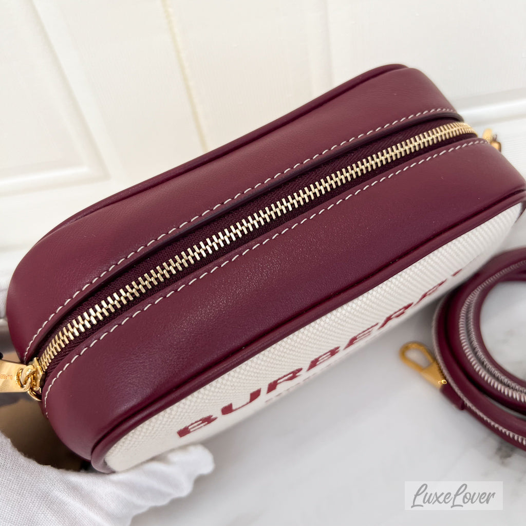 Burberry Horseferry Half Cube Bag in White Canvas, Burgundy Leather and GHW