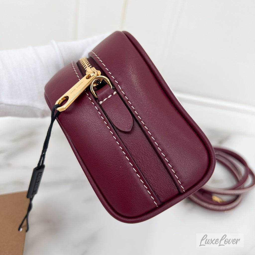 Burberry Horseferry Half Cube Bag in White Canvas, Burgundy Leather and GHW