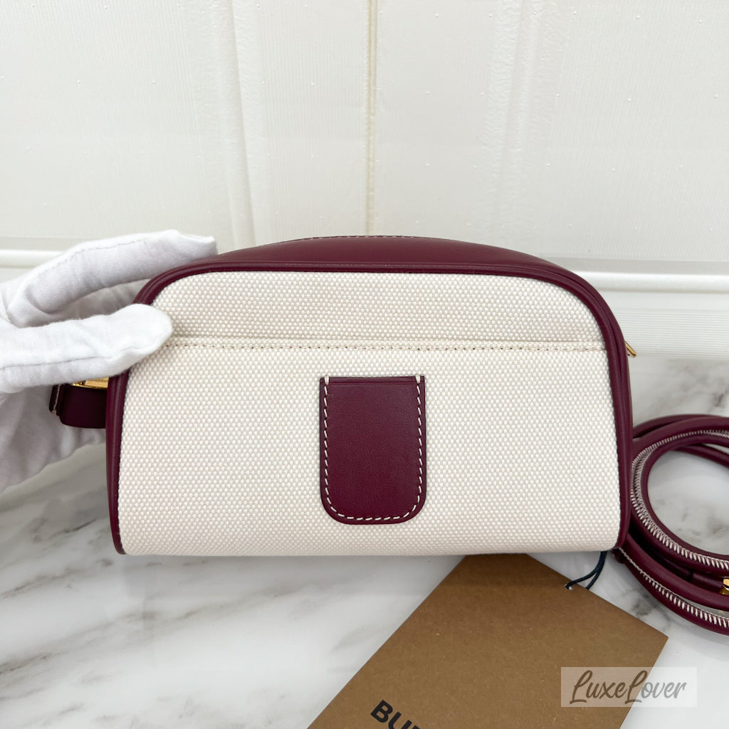 Burberry Horseferry Half Cube Bag in White Canvas, Burgundy Leather and GHW