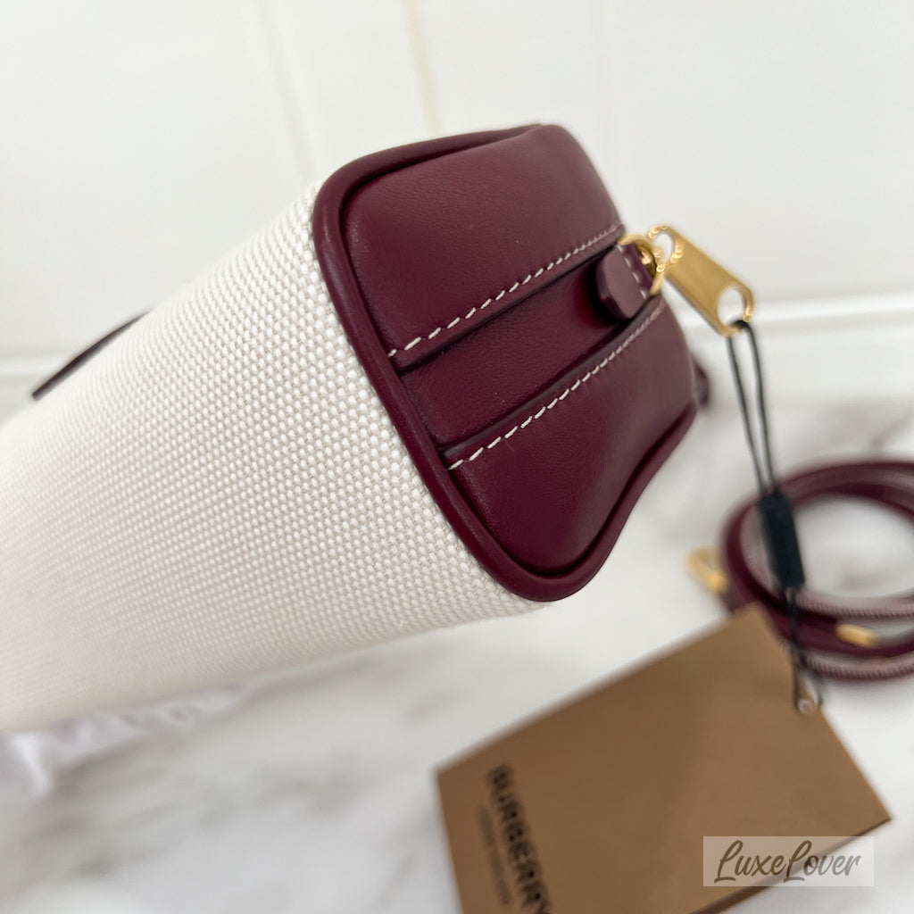 Burberry Horseferry Half Cube Bag in White Canvas, Burgundy Leather and GHW