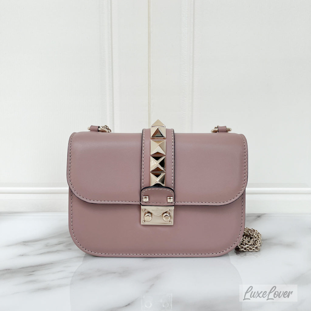 (PayNow $780) Valentino Small Rockstud Glam Bag in Nude Pink and LGHW