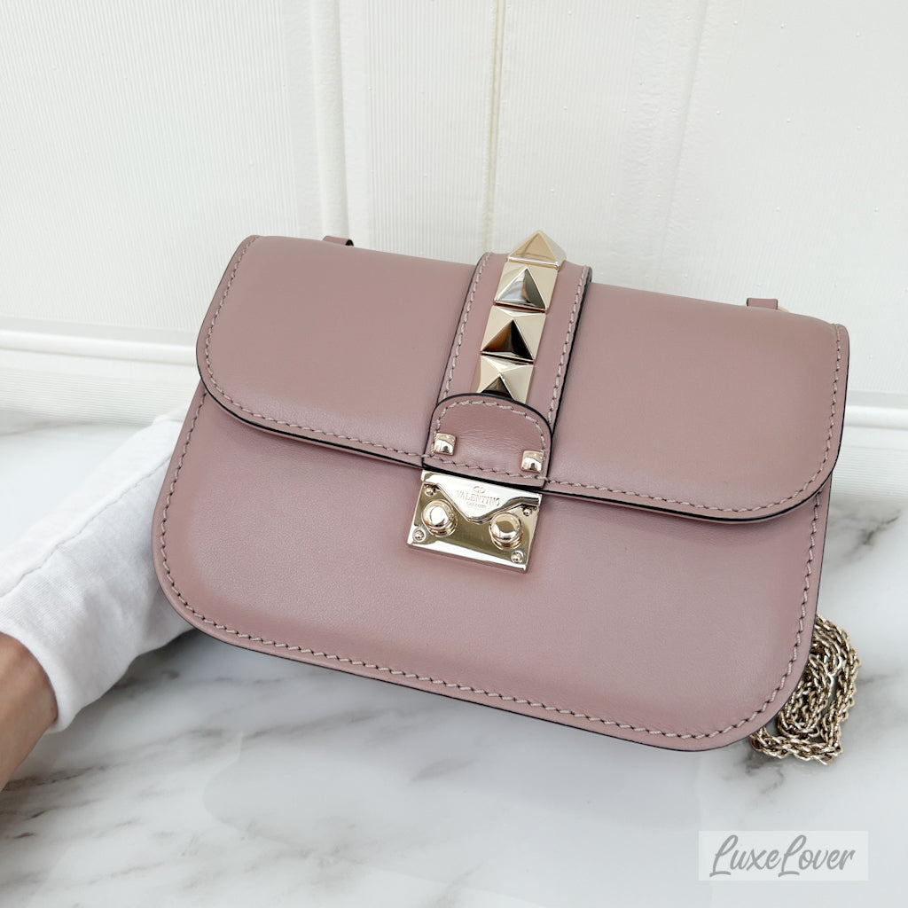 (PayNow $780) Valentino Small Rockstud Glam Bag in Nude Pink and LGHW