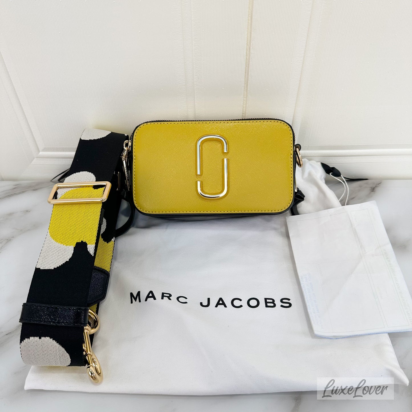 Marc Jacob The Snapshot Crossbody Bag in Yellow & Cream Saffiano Leather and GHW with Canvas Strap