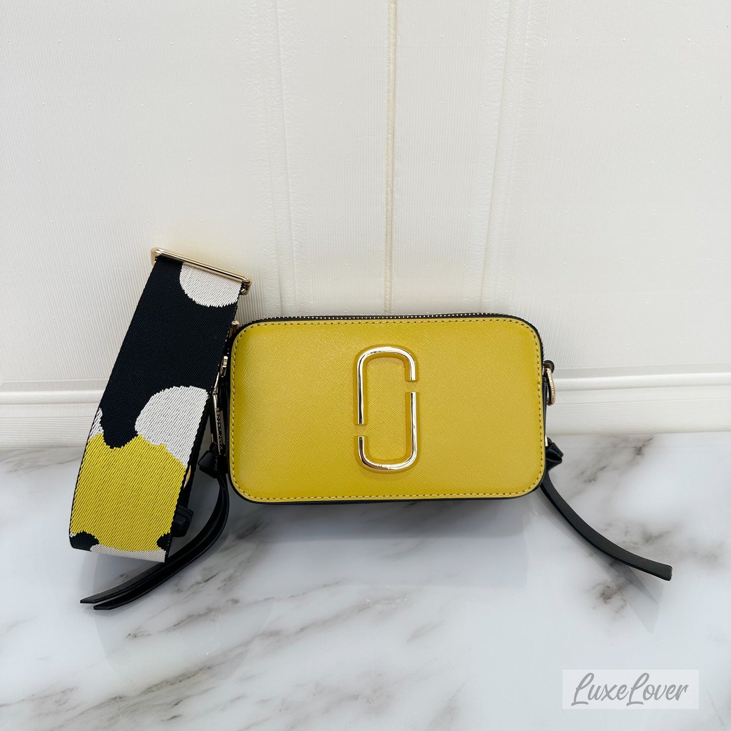 Marc Jacob The Snapshot Crossbody Bag in Yellow & Cream Saffiano Leather and GHW with Canvas Strap