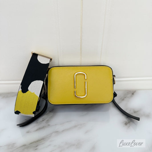 Marc Jacob The Snapshot Crossbody Bag in Yellow & Cream Saffiano Leather and GHW with Canvas Strap