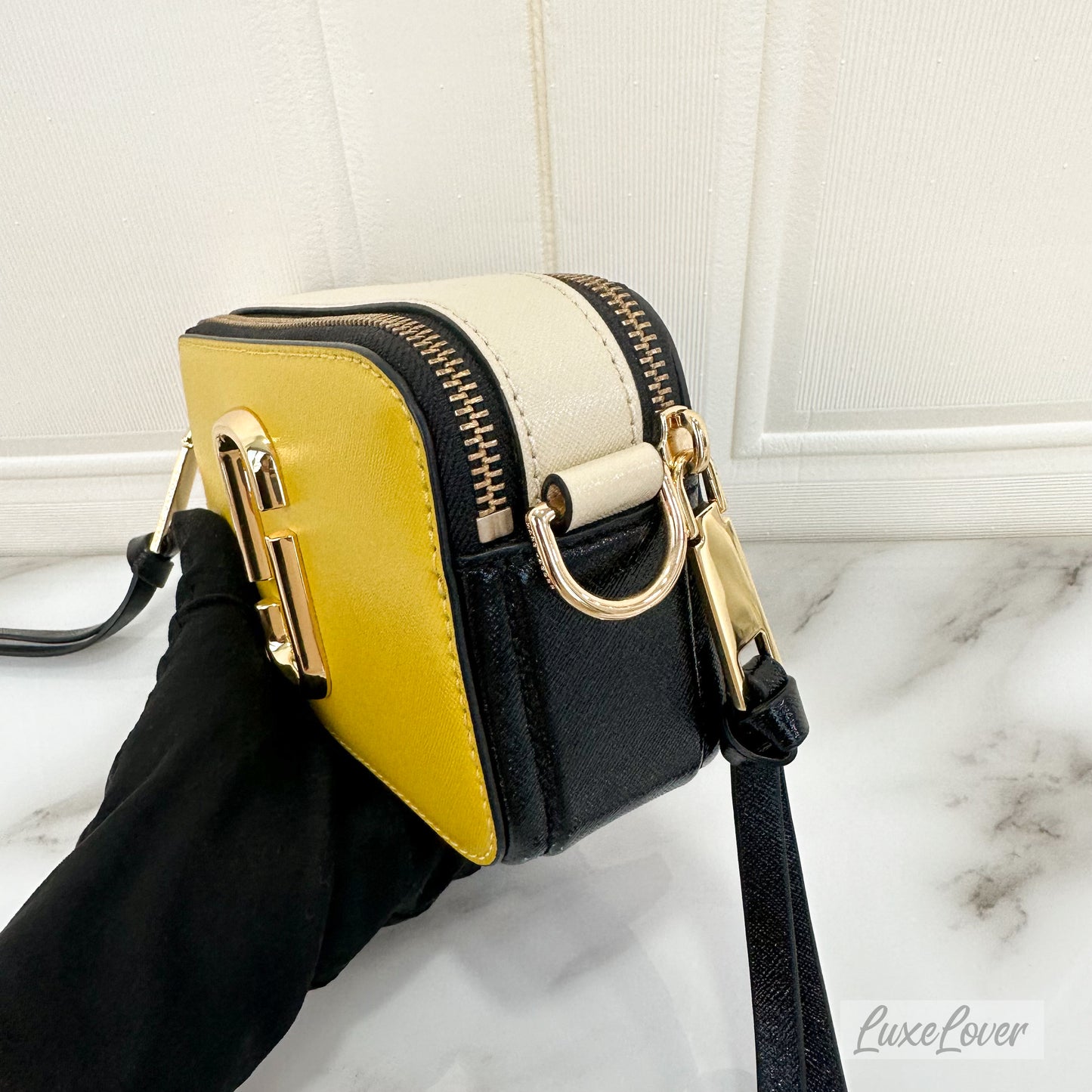 Marc Jacob The Snapshot Crossbody Bag in Yellow & Cream Saffiano Leather and GHW with Canvas Strap