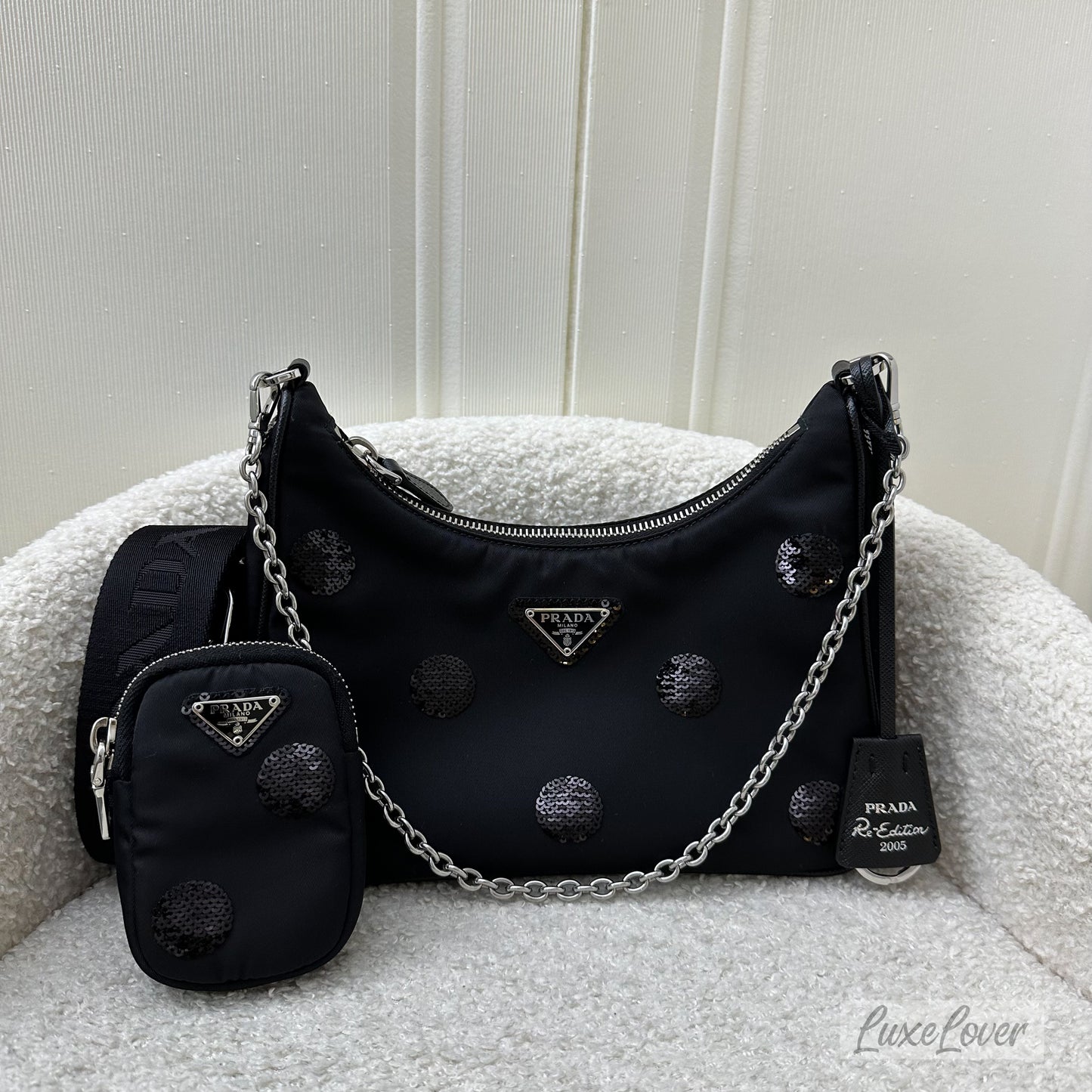 Prada Re-Edition 2005 Shoulder Bag in Black Nylon, Sequins and SHW