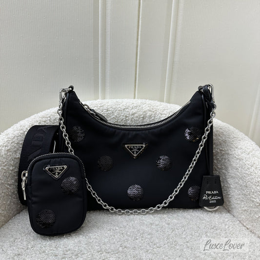 Prada Re-Edition 2005 Shoulder Bag in Black Nylon, Sequins and SHW