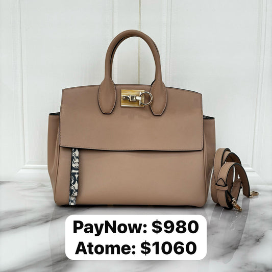 Salvatore Ferragamo Studio Bag in Almond Beige Calfskin and GHW