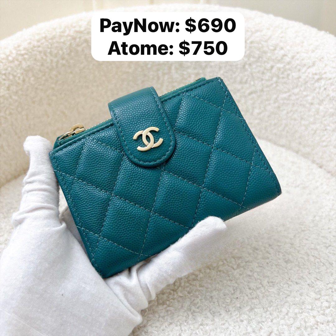 (PayNow$690) Chanel Bifold Wallet in Teal Green Caviar