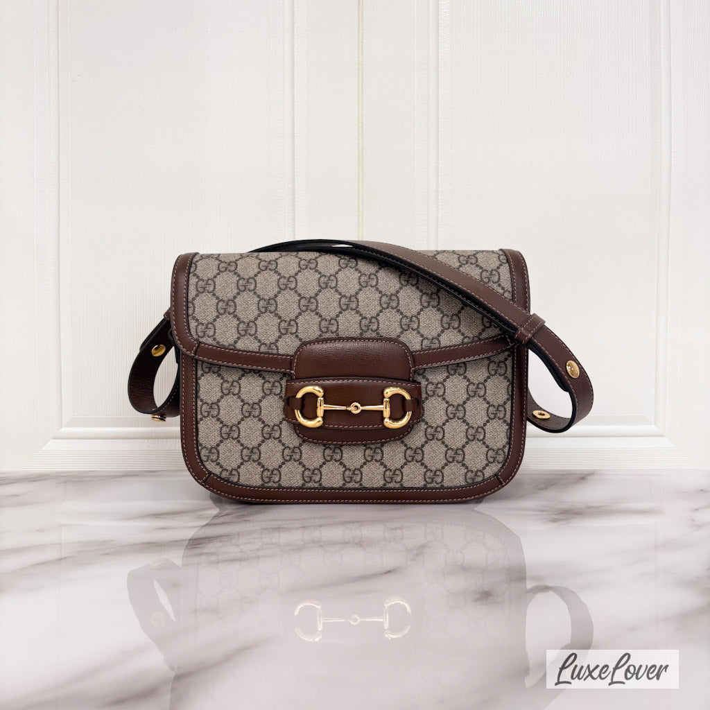 (Paynow: $1950) Gucci Horsebit 1955 Shoulder Handbag in GG Supreme Canvas, Brown Leather Trim and GHW