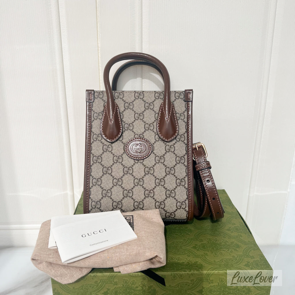 Gucci Mini Tote Bag with Interlocking G in Beige and Ebony GG Supreme Canvas