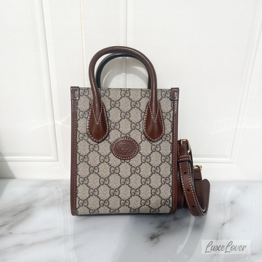 Gucci Mini Tote Bag with Interlocking G in Beige and Ebony GG Supreme Canvas