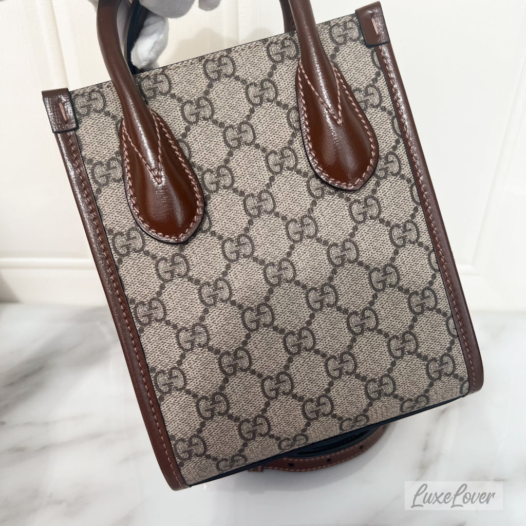 Gucci Mini Tote Bag with Interlocking G in Beige and Ebony GG Supreme Canvas