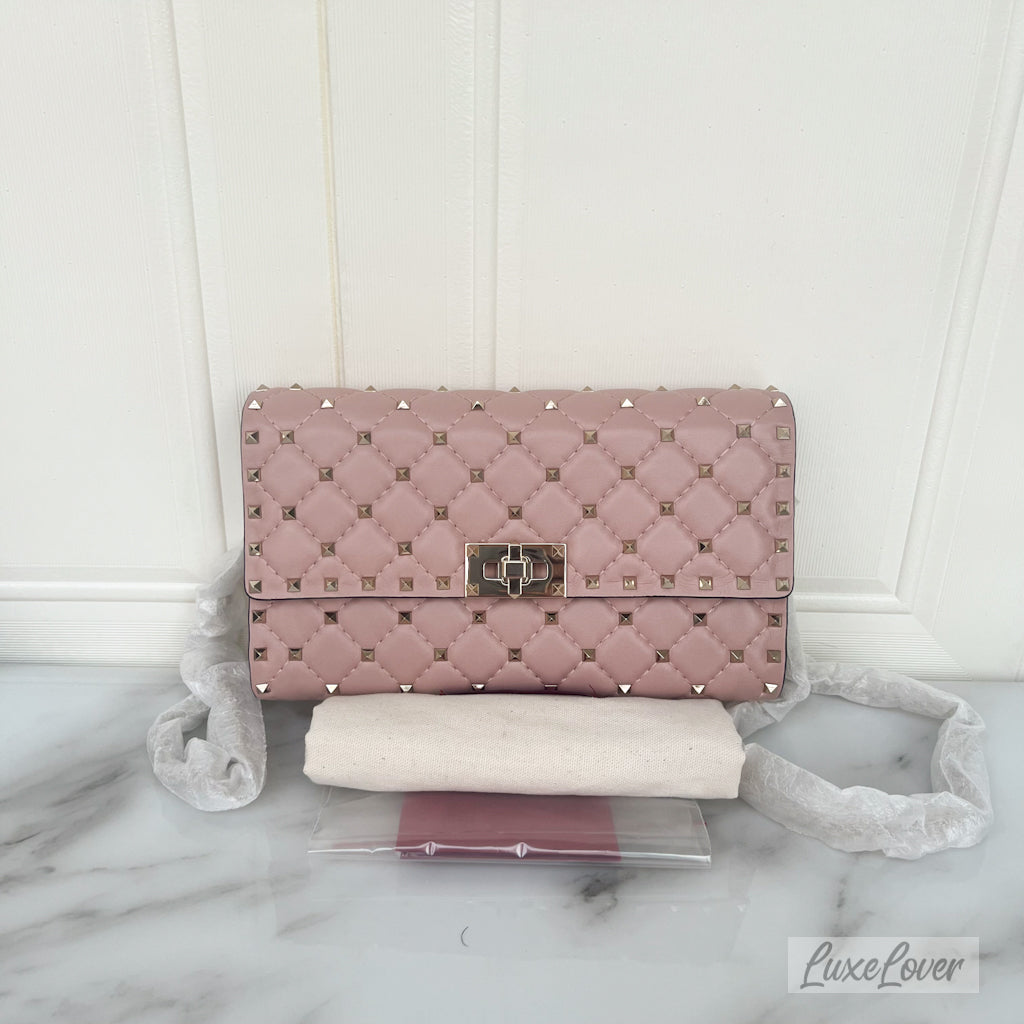 Valentino Small Rockstud Crossbody Bag in Pink Lambskin and GHW