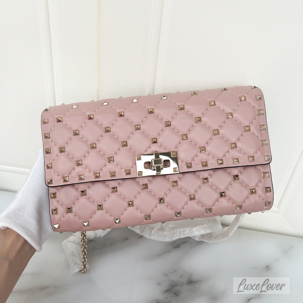 Valentino Small Rockstud Crossbody Bag in Pink Lambskin and GHW