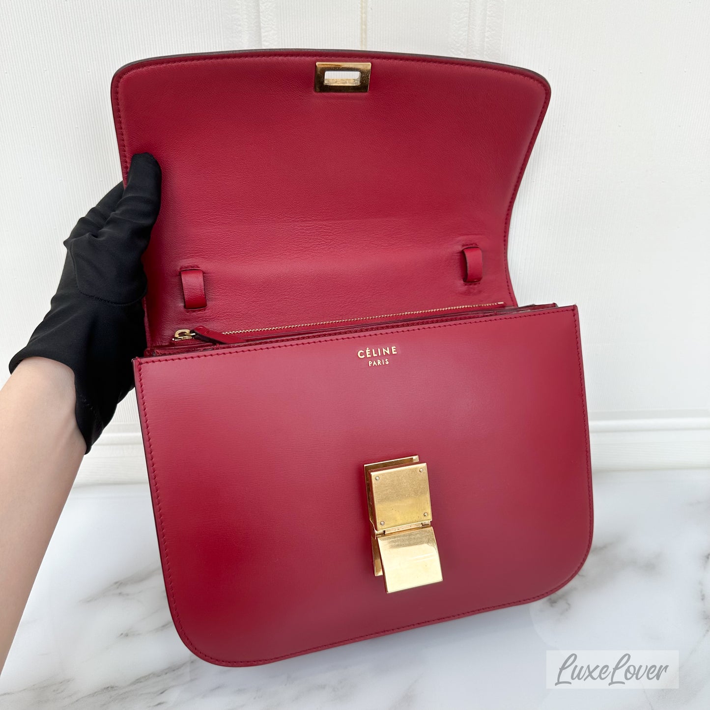 Celine Medium Box Bag in Red Calfskin and GHW